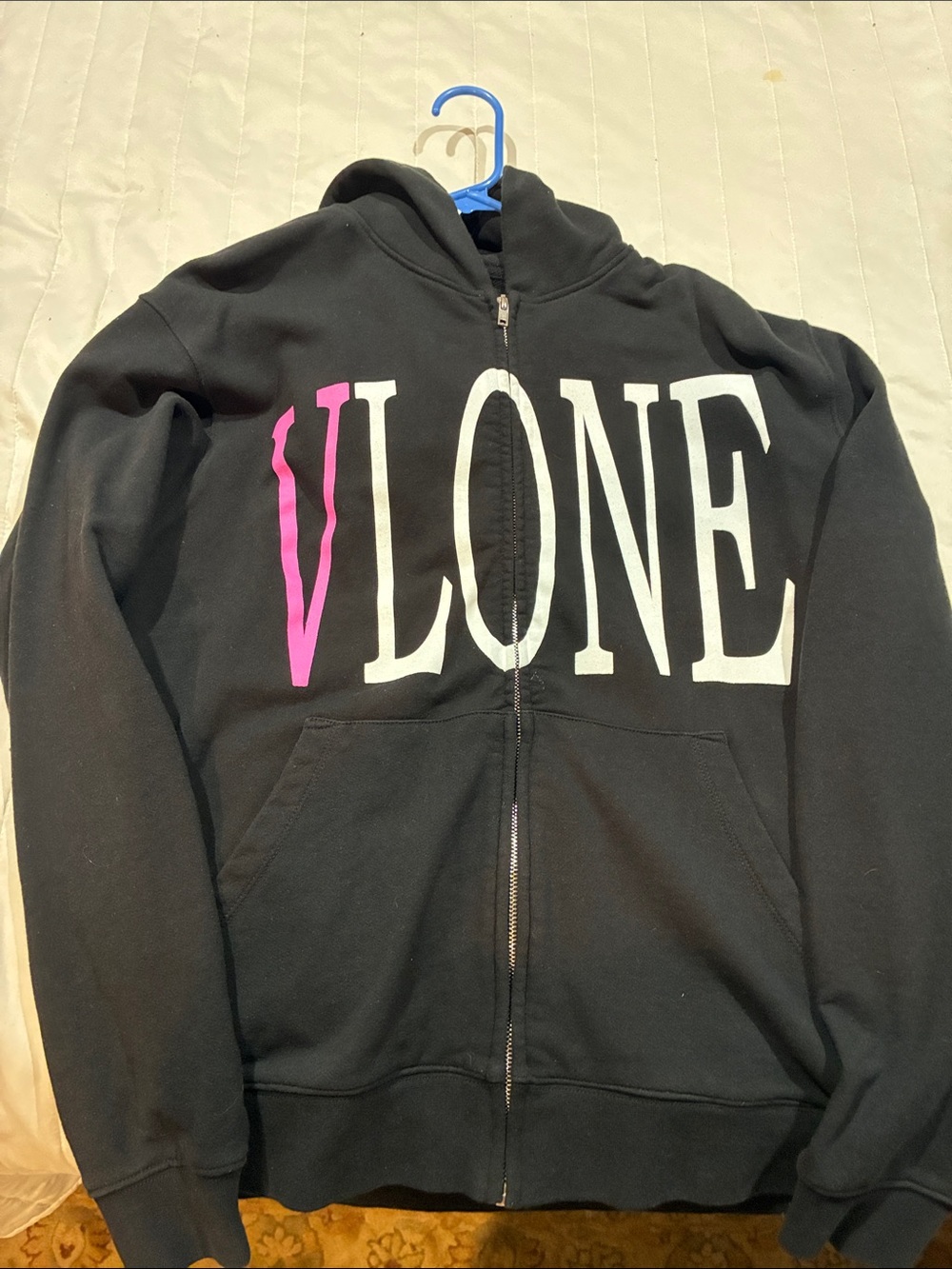 VLONE Black Hoodie with Pink V and White Logo